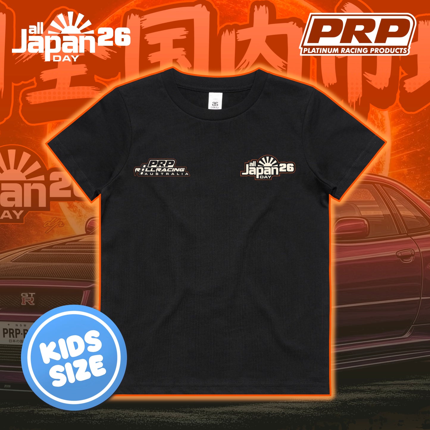 Black t-shirt with PRP and all Japan 26 Day logos on an orange background with car and event graphics.
