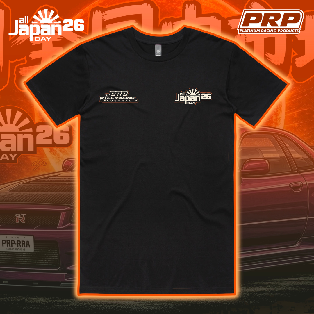 Black t-shirt with logos on an orange and black background featuring cars and 'all Japan 26' text.