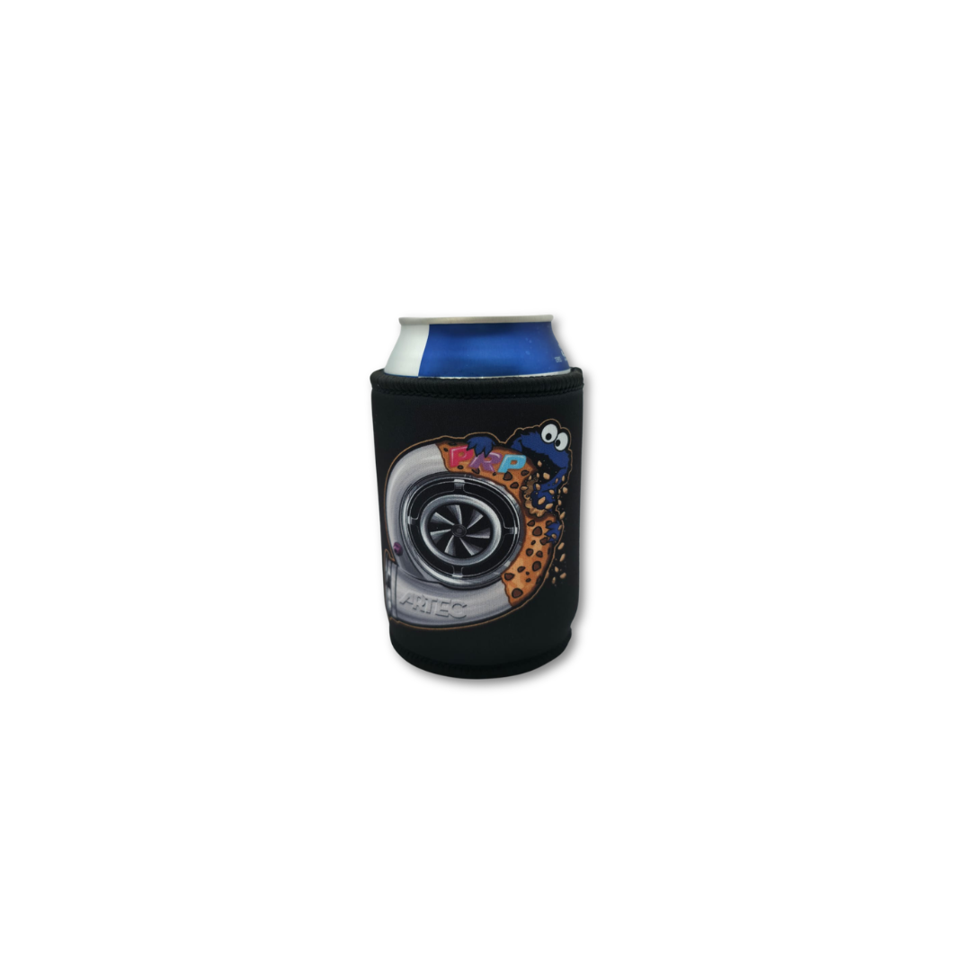 Black can cooler with colorful design on a white background
