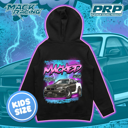 Black hoodie with car graphic and 'Macked' text on a blue background with PRP Racing and Mack Racing logos.