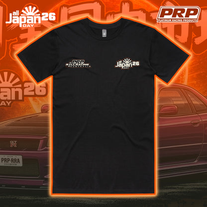Black t-shirt with logos on an orange and black background featuring cars and 'PRP' branding.