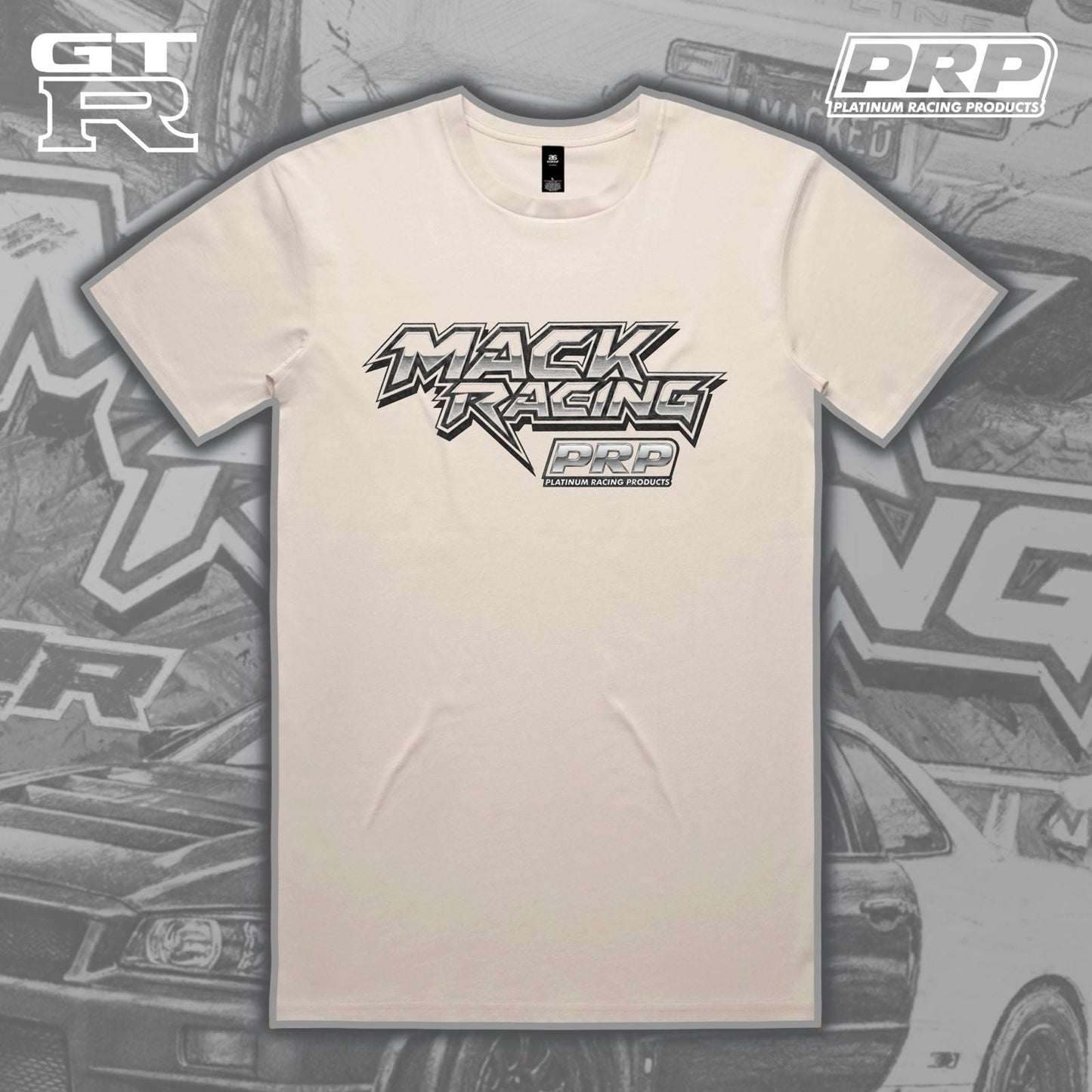 Beige t-shirt with 'Mack Racing' and 'PRP' logos on a gray background with car graphics.