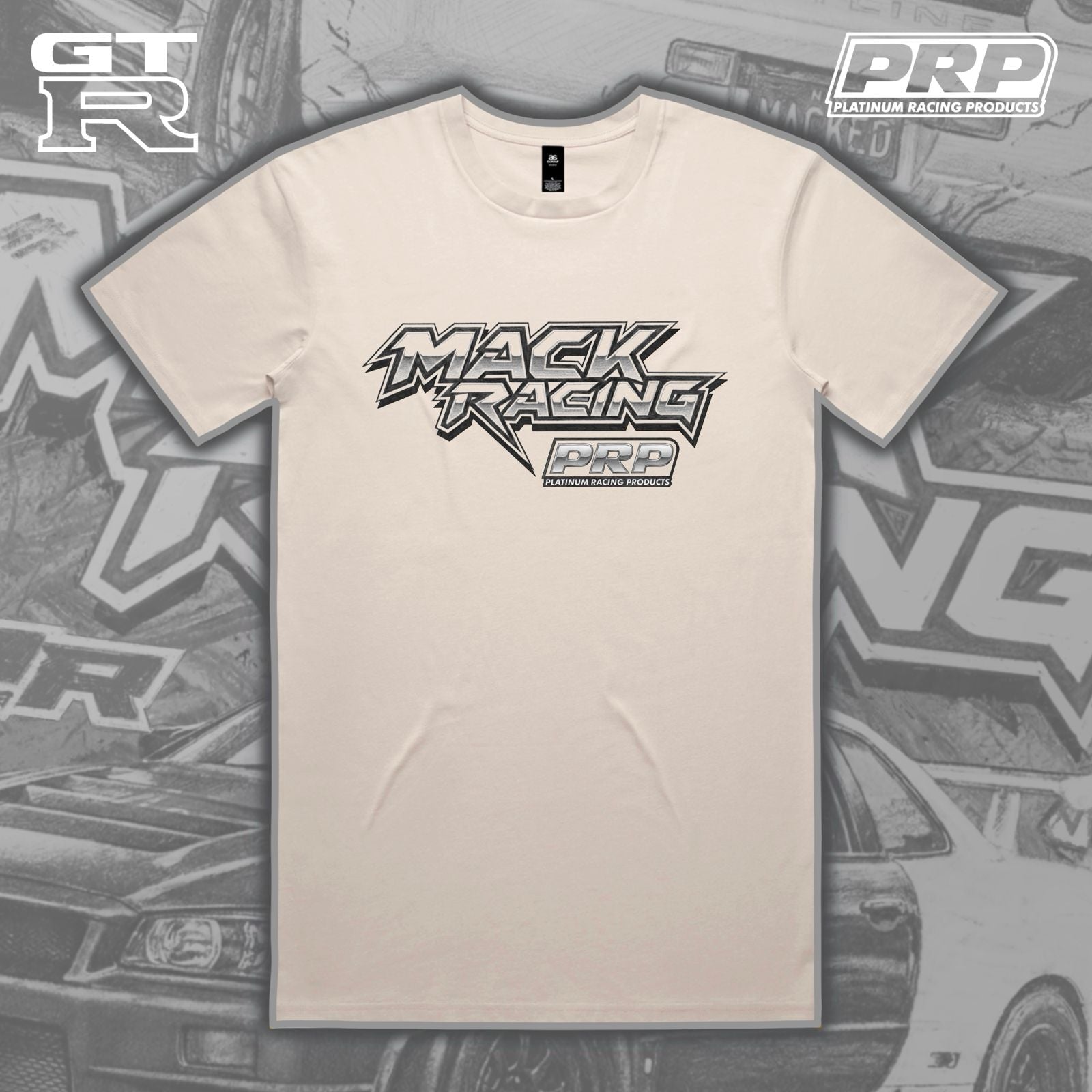 Beige t-shirt with 'Mack Racing' and 'PRP' logos on a gray background with car graphics.