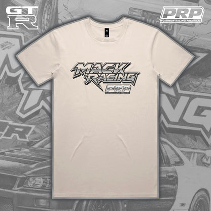Beige t-shirt with 'Mack Racing' and 'PRP' logos on a gray background with car graphics.